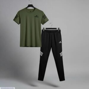 Men Green Tracksuit with Black pants & white Stripes